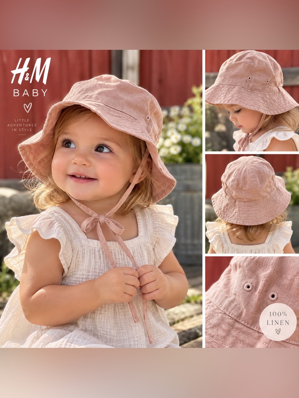 H&M Baby 100% Linen Dusty Pink Sun Hat Chin Ties Size 1–2Y 86/92